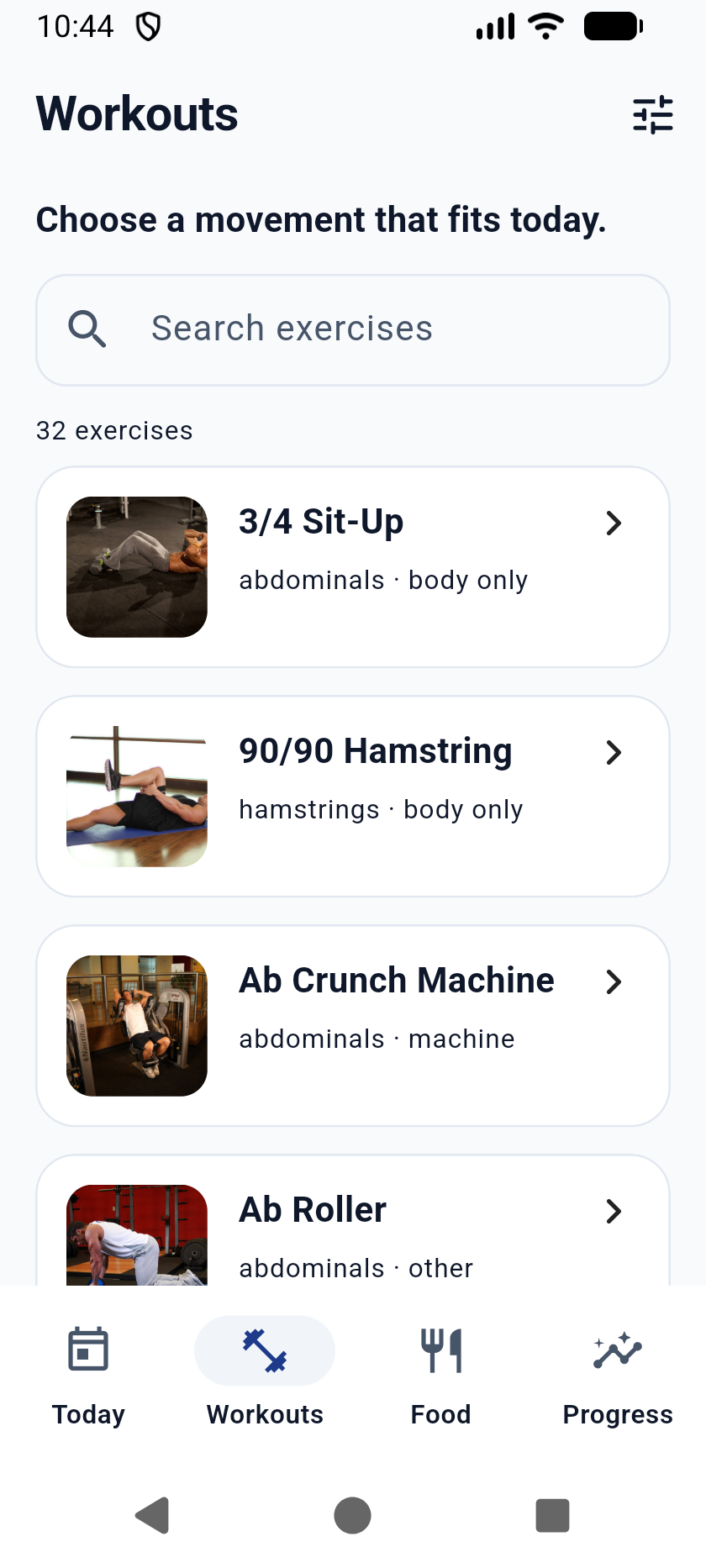 FitLite workout screen with exercise rows