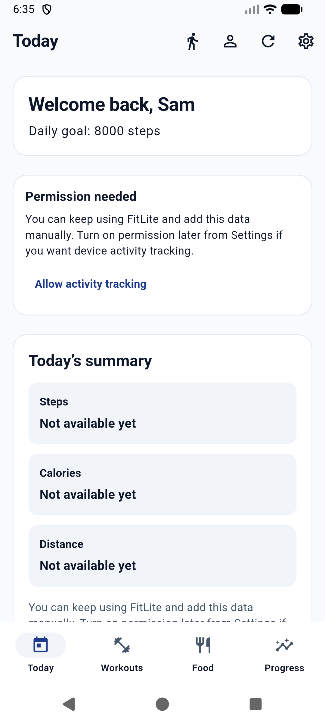 FitLite Today screen showing movement progress and daily actions